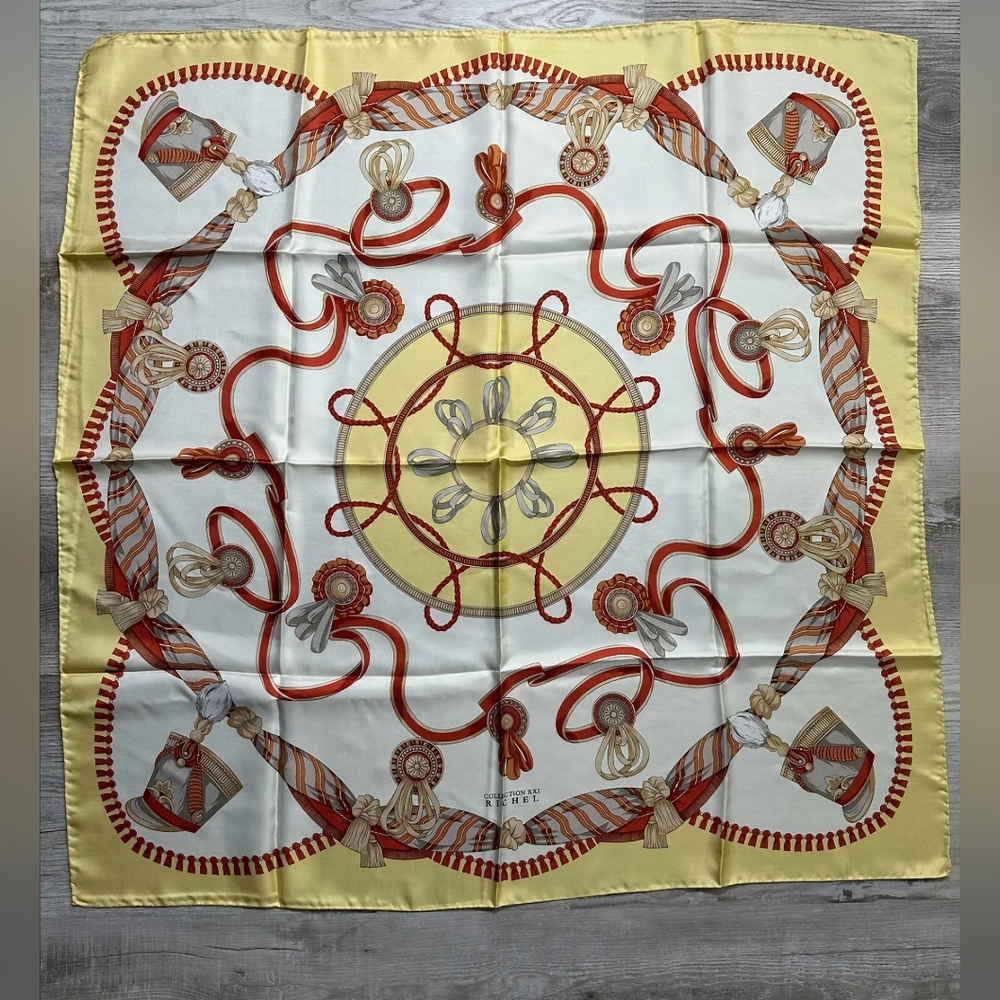 RICHEL Elegant Yellow and Red Silk Scarf 100% SILK EUC